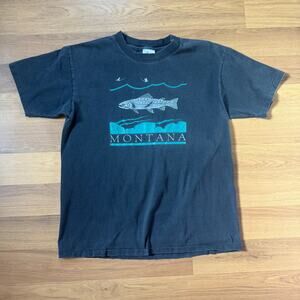 Vintage 90's Montana Rainbow Trout Fishing Faded Black Teal Tee Shirt Sz Large